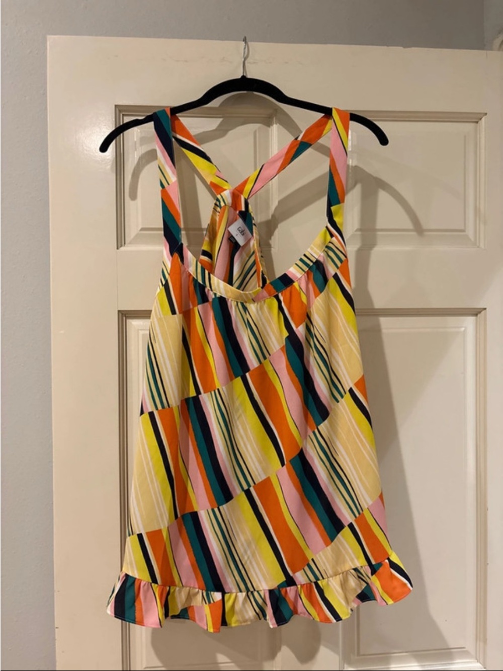 CAbi Multi-Color Striped Sleeveless Top in Yellow, Pink & Orange